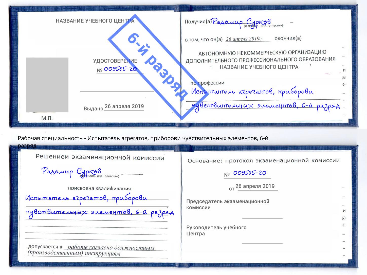 корочка 6-й разряд Испытатель агрегатов, приборови чувствительных элементов Находка