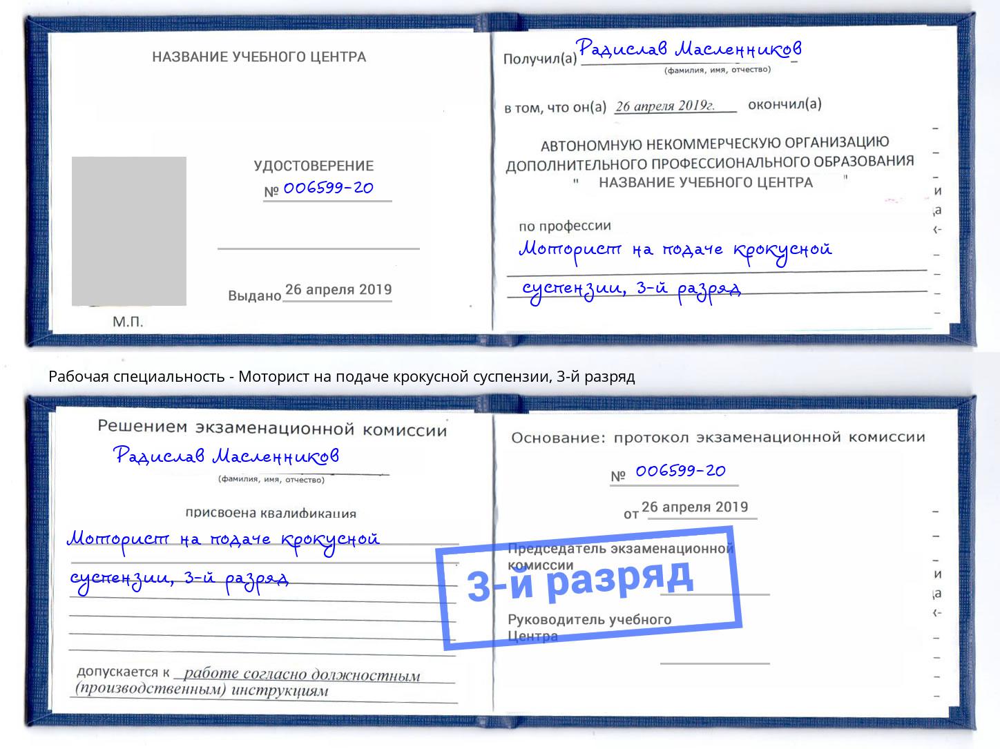 корочка 3-й разряд Моторист на подаче крокусной суспензии Находка