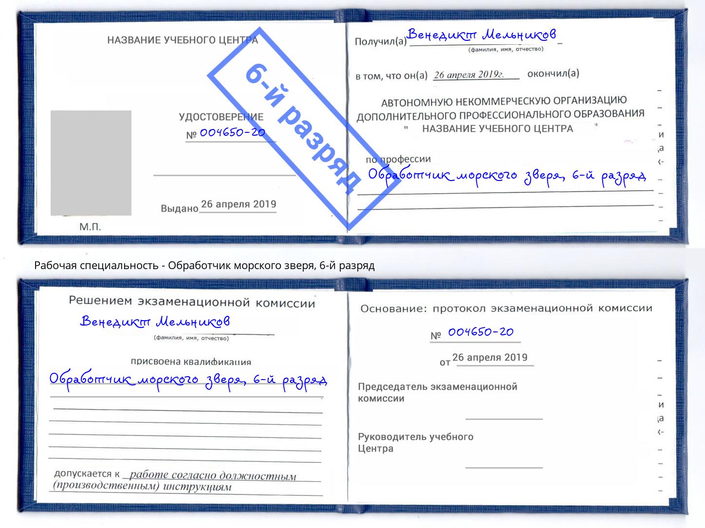 корочка 6-й разряд Обработчик морского зверя Находка