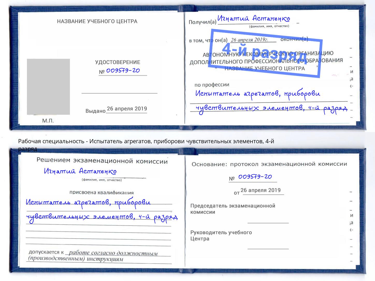 корочка 4-й разряд Испытатель агрегатов, приборови чувствительных элементов Находка