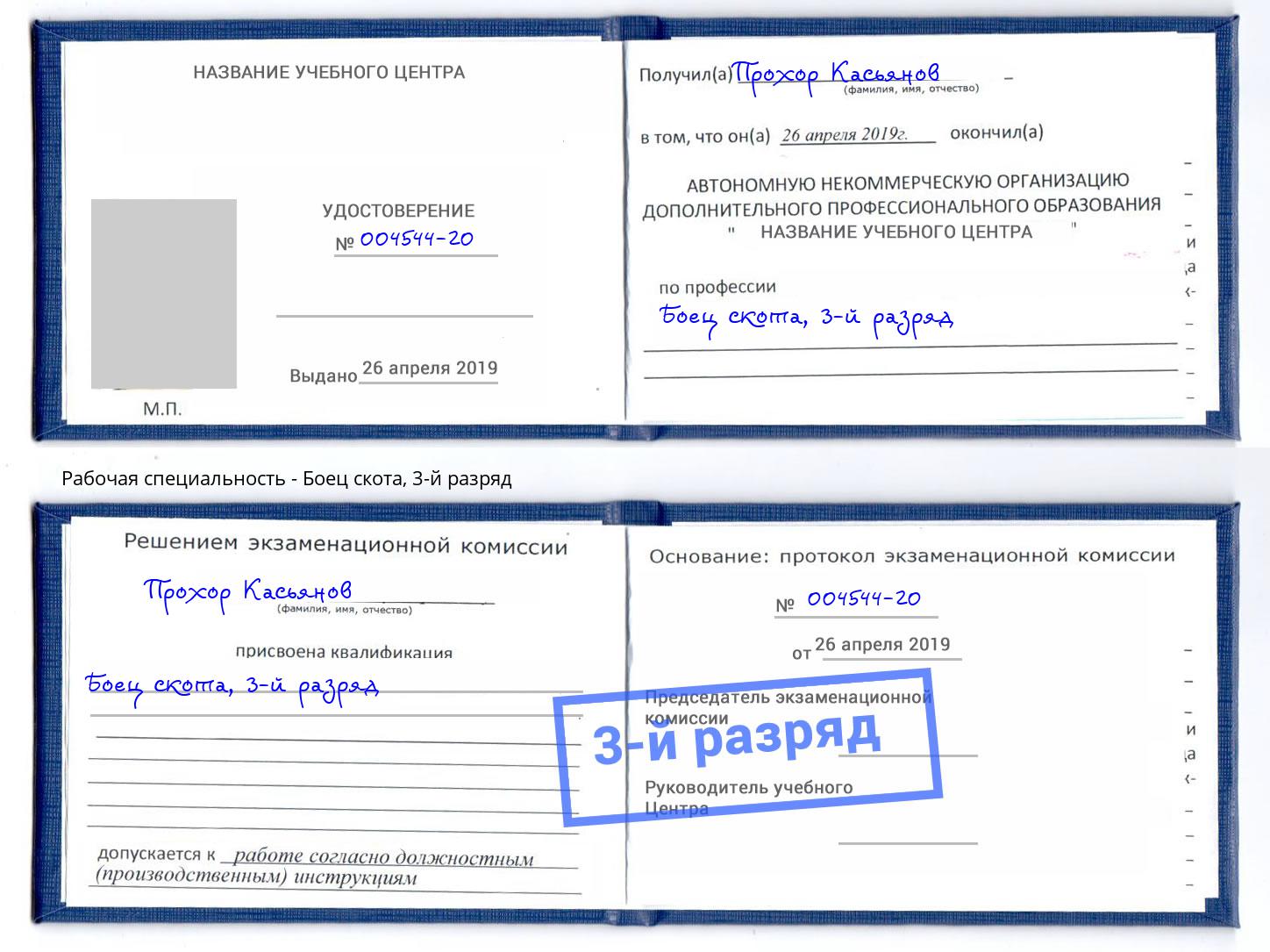 корочка 3-й разряд Боец скота Находка