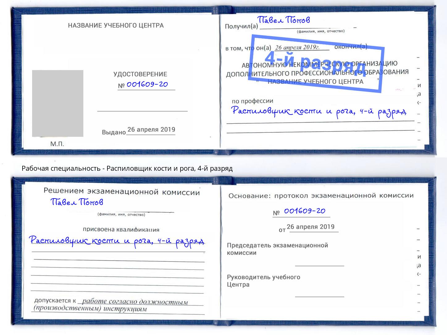 корочка 4-й разряд Распиловщик кости и рога Находка