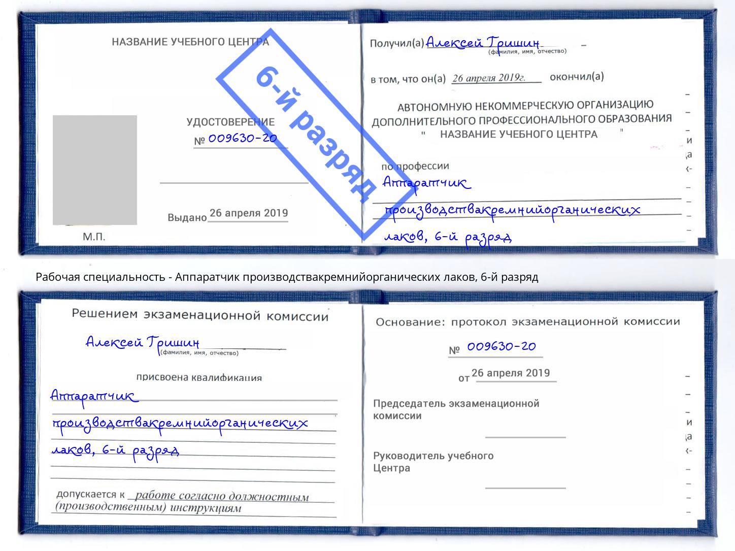 корочка 6-й разряд Аппаратчик производствакремнийорганических лаков Находка