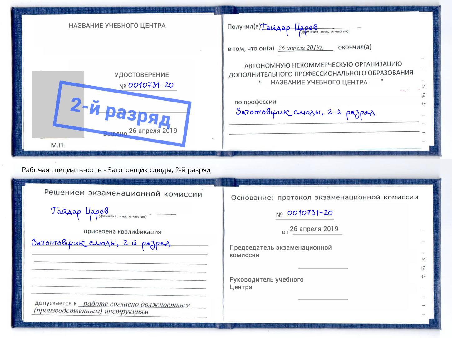 корочка 2-й разряд Заготовщик слюды Находка