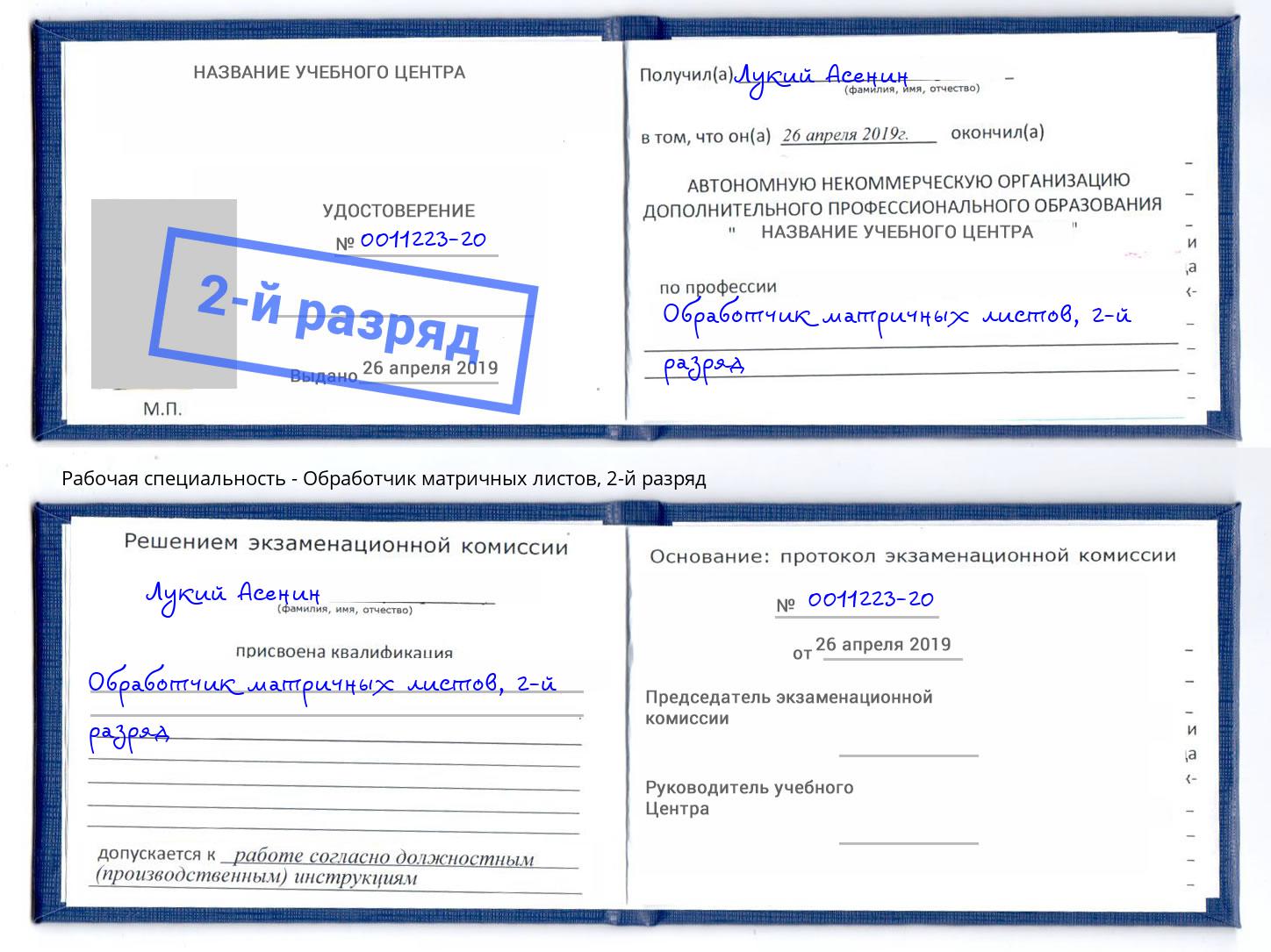 корочка 2-й разряд Обработчик матричных листов Находка