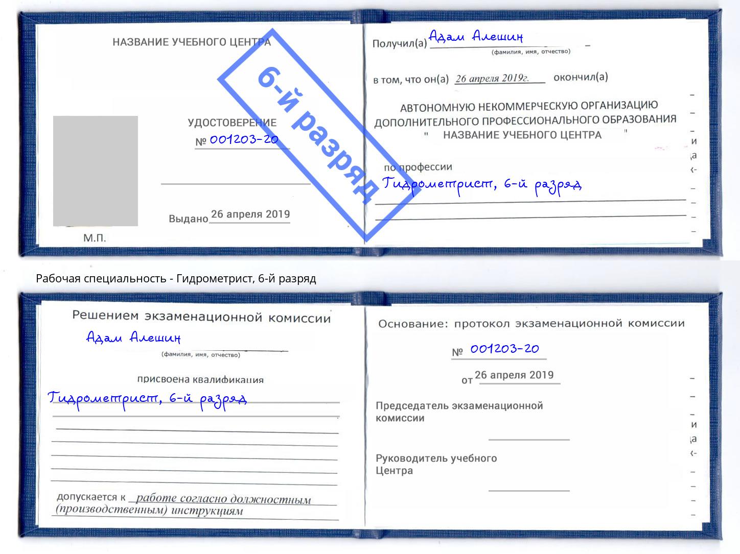 корочка 6-й разряд Гидрометрист Находка